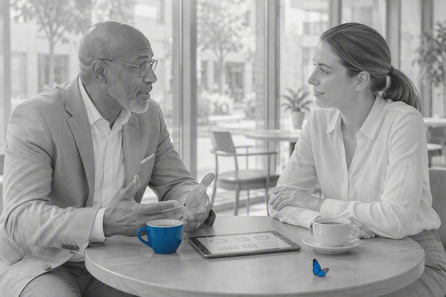A quiet, one-on-one advisory conversation over coffee