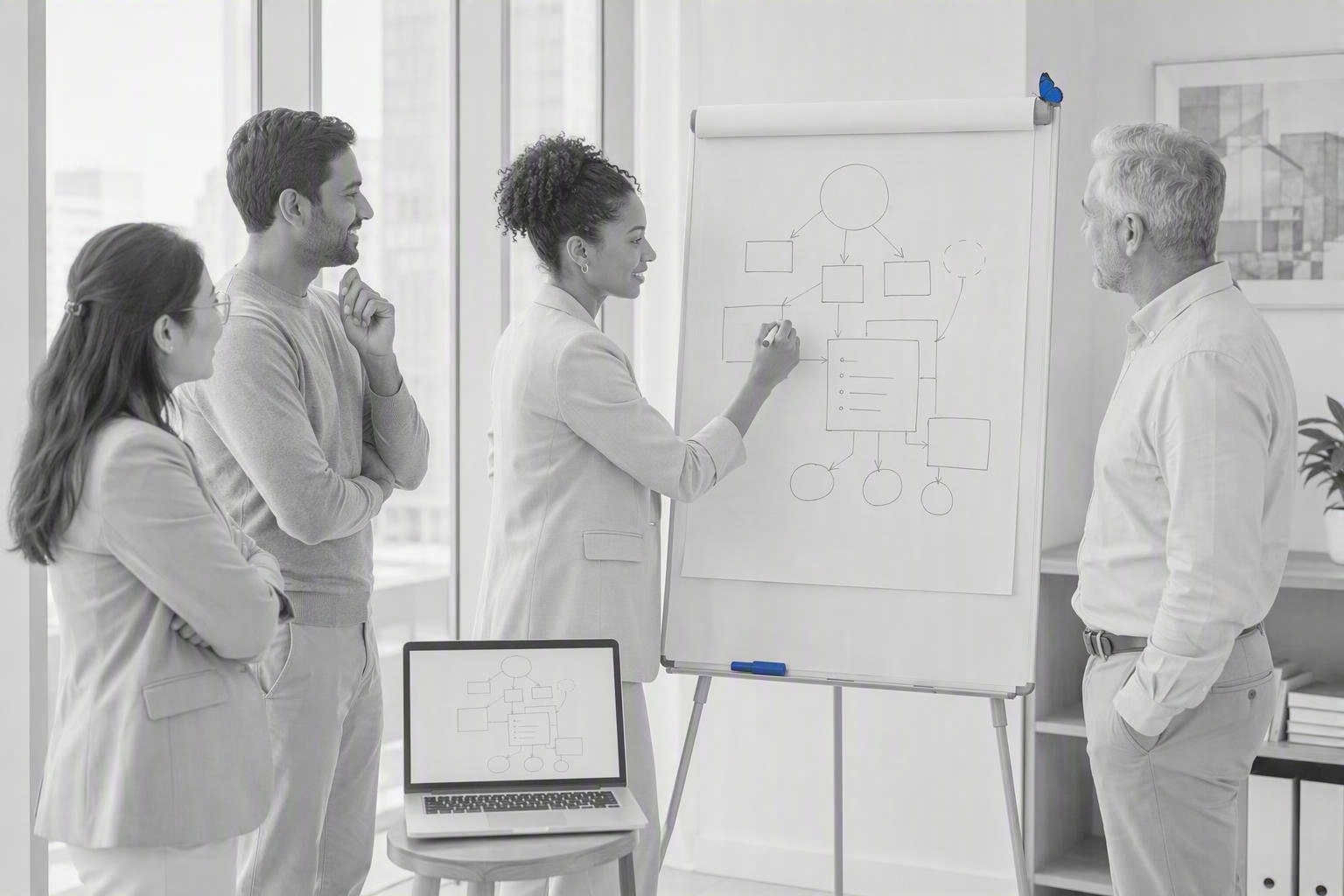 A flip-chart workshop framing a problem