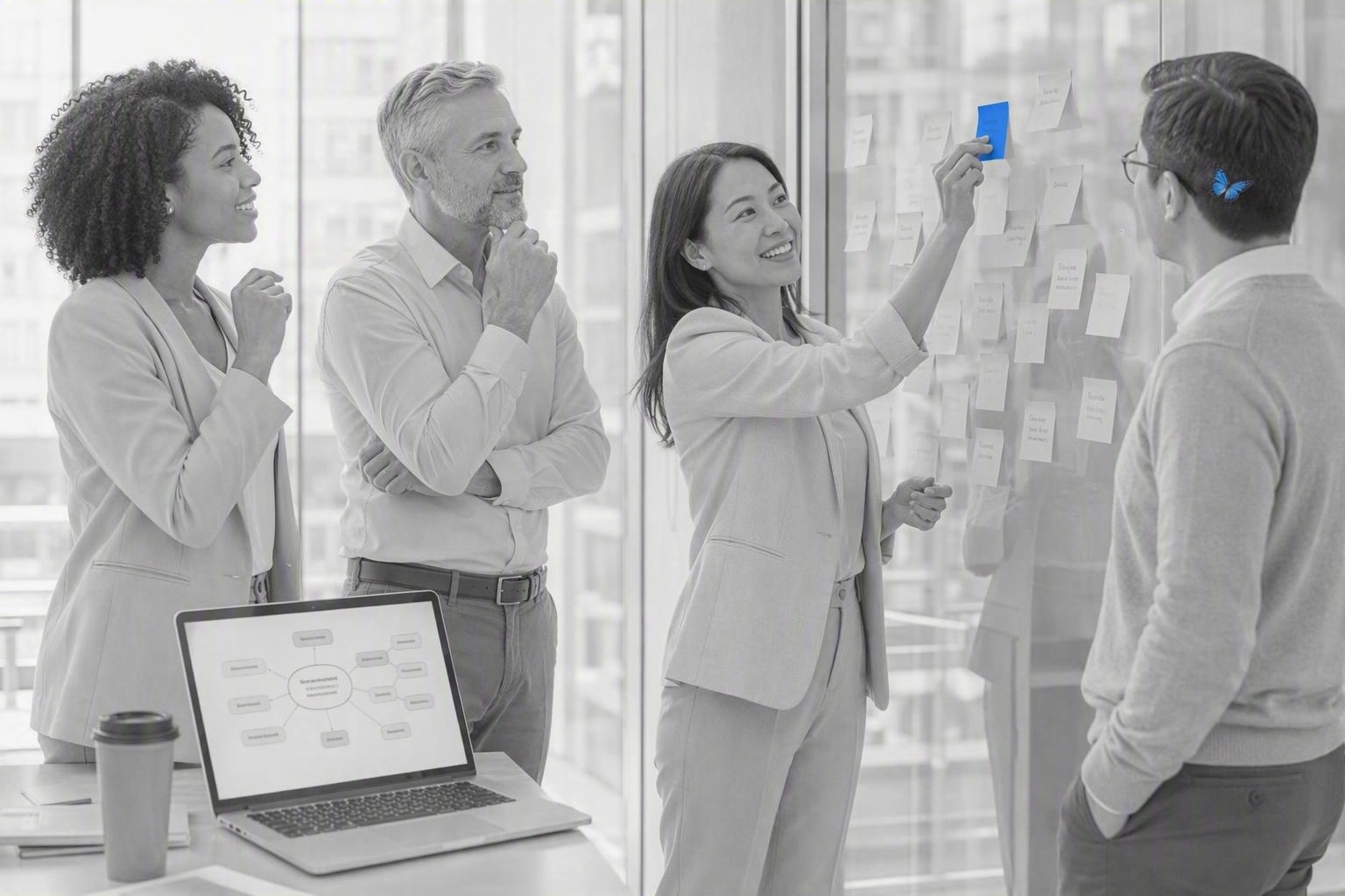 Framing a problem with sticky notes on a wall
