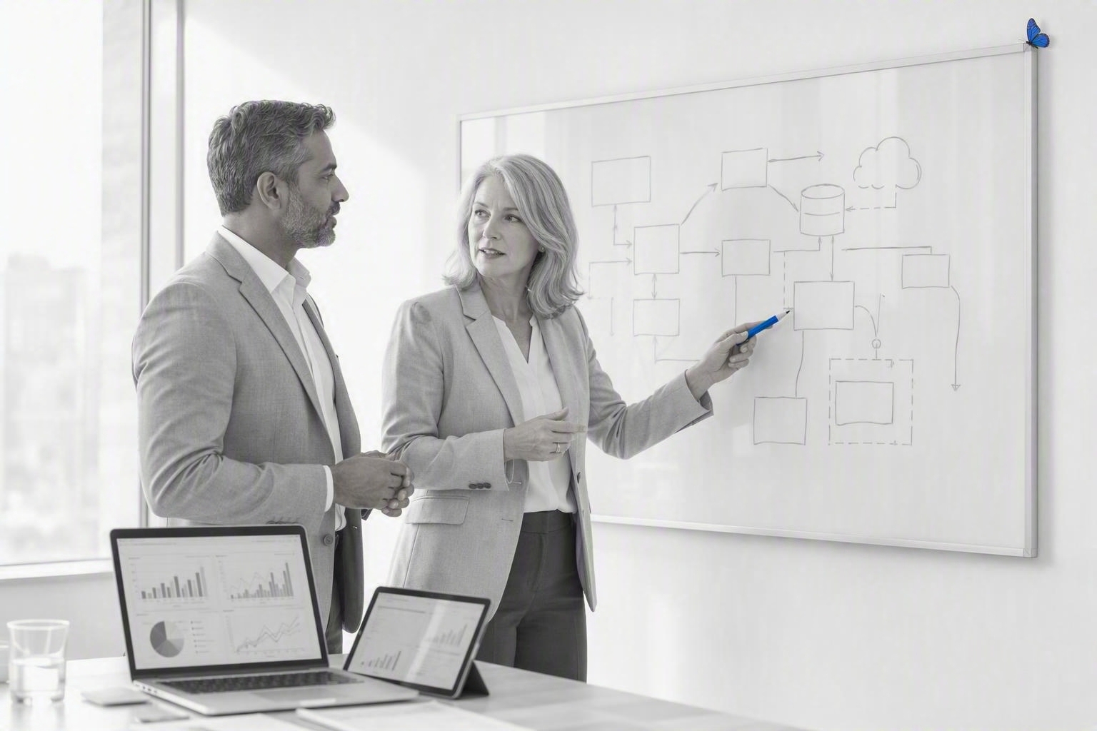 A whiteboard strategy session mapping out a problem